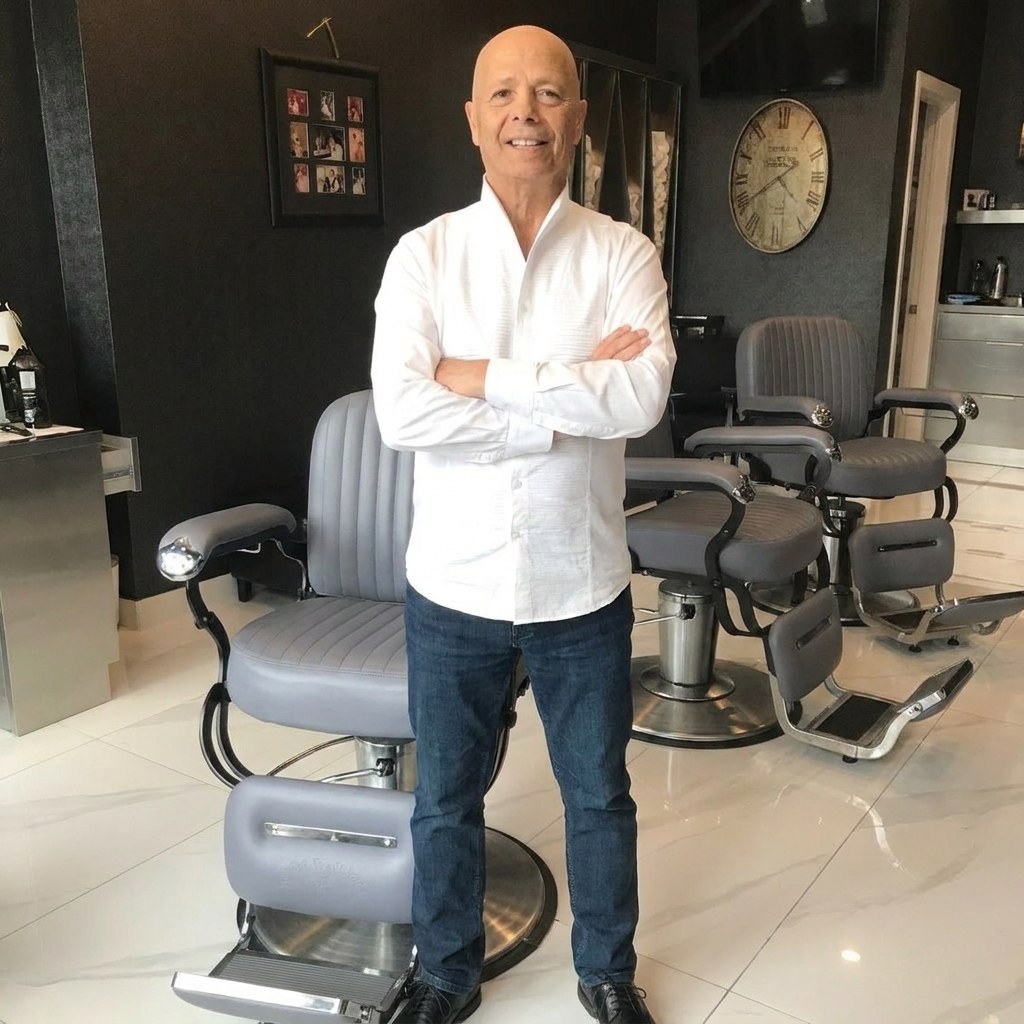 Eli standing with arms crossed beside the barber chairs in his Forest Hill shop today