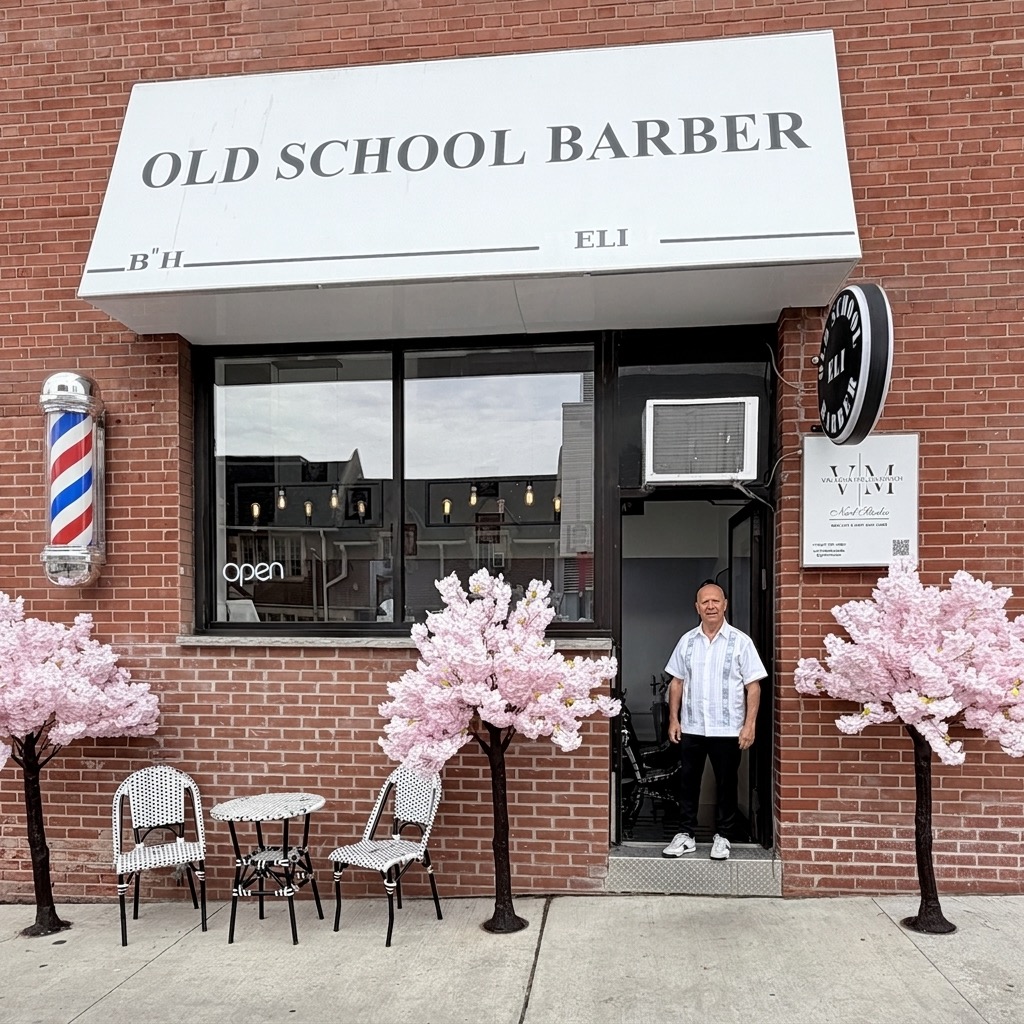 Eli standing in the doorway of the Old School Barber shopfront in Forest Hill, Toronto
